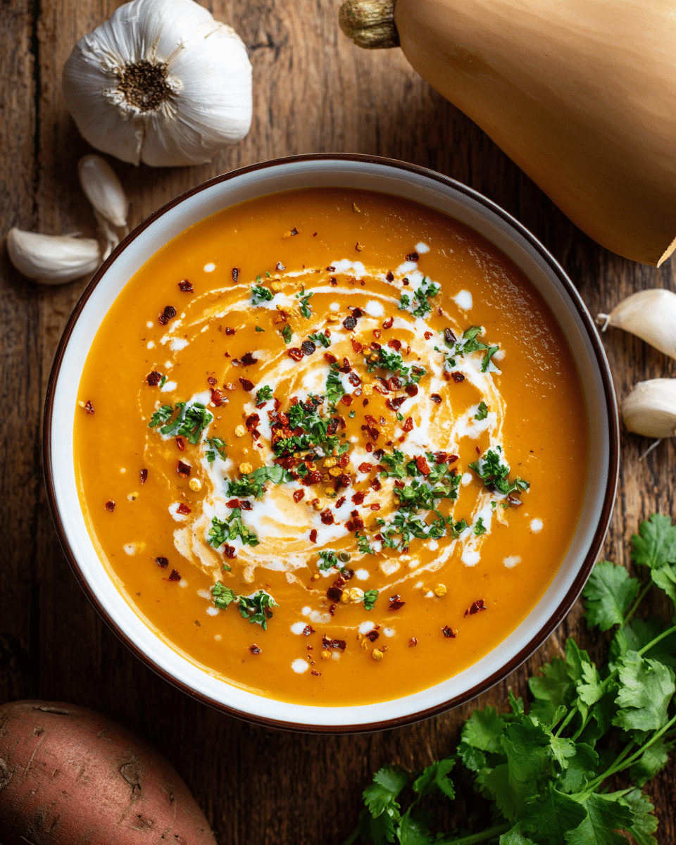 A bowl of thick orange soup is seen from above, with a swirl of white cream and a sprinkle of red chili flakes on top. The bowl is white with a thin dark rim. Around the bowl, there is a large butternut squash, a garlic bulb, three garlic cloves, fresh green cilantro leaves, and a sweet potato, all placed on a wooden surface. The soup looks smooth and creamy with a bright, warm color. photo taken with an iphone --ar 4:5 --v 7
