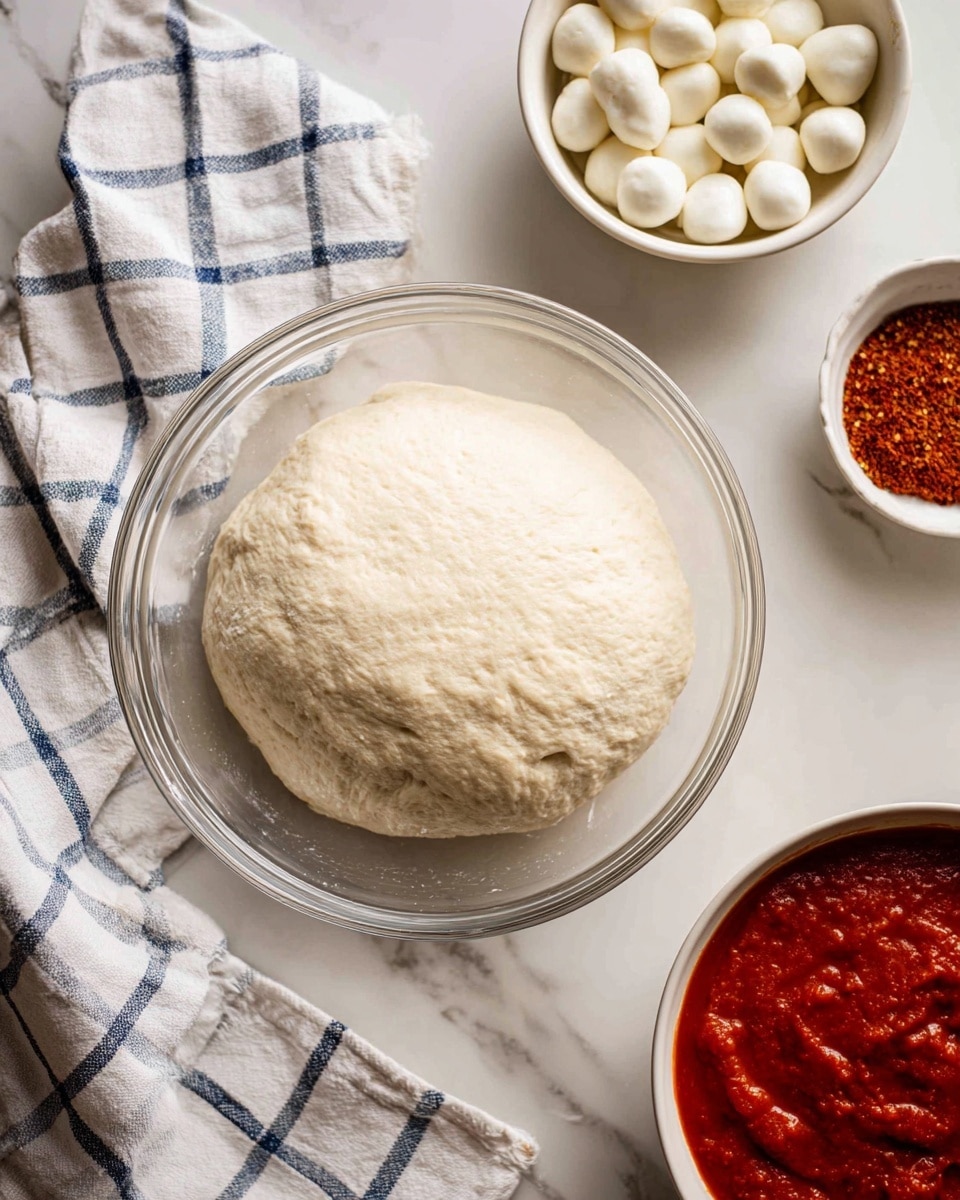 The image shows a clear glass bowl with light beige dough inside, placed on a white and blue checkered cloth over a white marbled surface. To the right of the bowl, there is a white bowl filled with bright red tomato sauce and another white bowl with small white mozzarella balls. Above these bowls, there is a small pile of red ground spice on the white marbled surface. A woman's hand is gently touching the edge of the glass bowl. Photo taken with an iphone --ar 4:5 --v 7