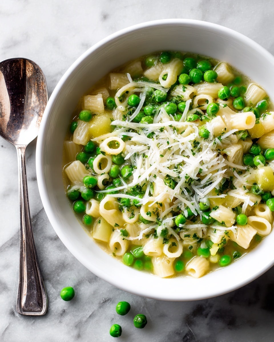 A deep white bowl filled with small tube-shaped pasta mixed with bright green peas and pale yellow potato cubes, all coated in a light broth. On top, there is a generous layer of finely shredded white cheese, scattered unevenly so some pasta and peas peek through. The bowl is placed on a white marbled surface with a shiny spoon resting nearby, with a few green peas spilled beside the bowl. The image is bright and colorful, showing the mix of textures and soft lighting highlighting the freshness of the ingredients photo taken with an iphone --ar 4:5 --v 7