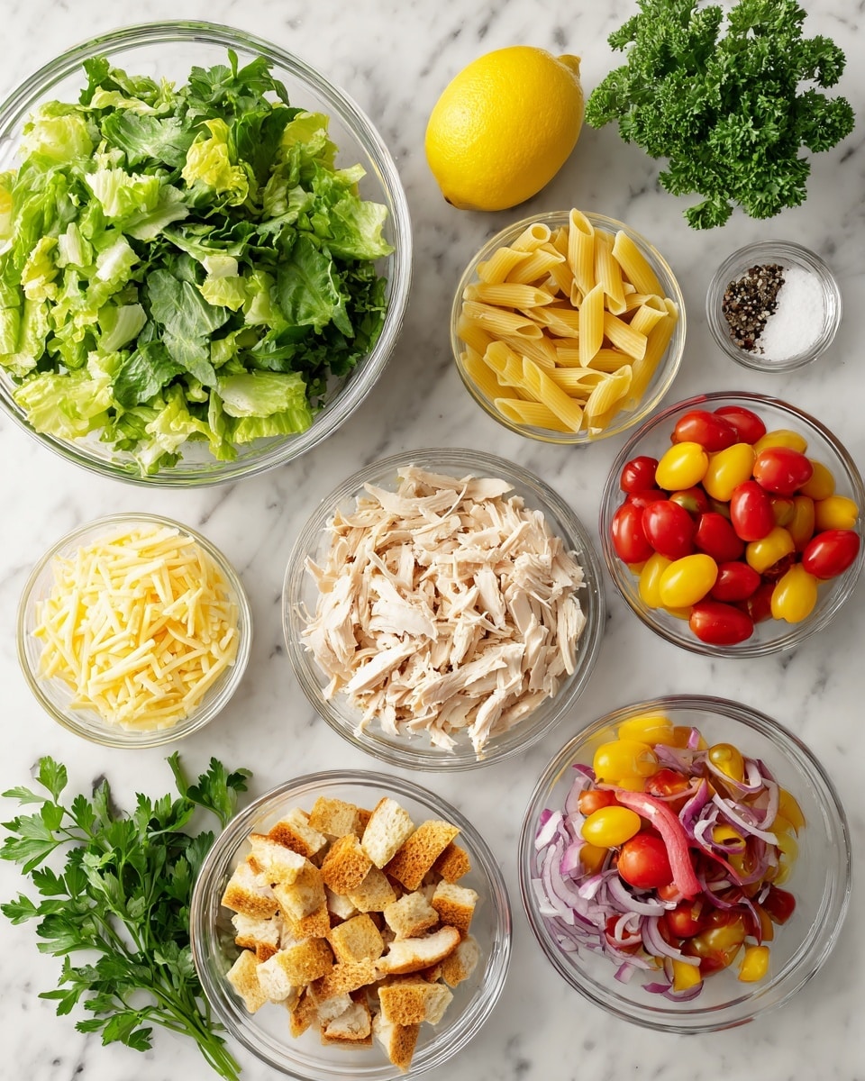 A top-down view of various ingredients arranged on a white marbled surface, including a large clear bowl filled with fresh, leafy green lettuce on the left, and multiple smaller clear bowls containing pale yellow penne pasta, shredded cooked white chicken pieces, golden brown croutons, finely shredded light yellow cheese, and thinly sliced red onions. A small clear container holds a mix of red and yellow halved cherry tomatoes, while a whole bright yellow lemon, a small bowl with salt and pepper, and a bunch of fresh green parsley are also positioned neatly around the bowls. The image is bright and clean, showcasing fresh ingredients ready for a meal. photo taken with an iphone --ar 4:5 --v 7