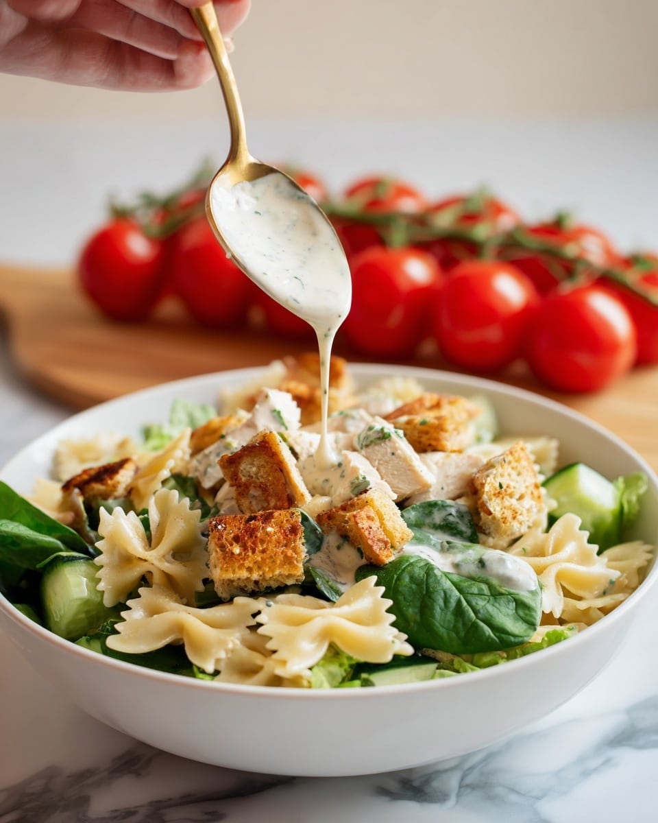 The dish is a white bowl filled with layers starting with light beige bowtie pasta at the bottom, followed by bright green spinach leaves and slices of fresh dark green cucumber. On top, there are chunks of cooked white chicken with a golden brown edge, and golden brown bread croutons. A woman's hand is holding a spoon above the bowl, pouring creamy white dressing onto the salad. In the background, a bunch of bright red cherry tomatoes on the vine sits on a wooden board, all placed on a white marbled surface. Photo taken with an iphone --ar 4:5 --v 7