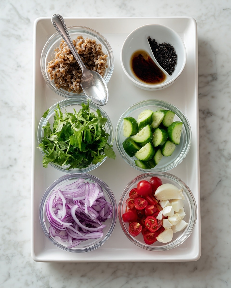 The image shows a white tray on a white marbled surface, holding six clear glass bowls arranged in two rows. In the top row from left to right, the first bowl contains light brown cooked grains with a spoon inside, the second bowl has green cucumber slices with bright skin, and the third bowl holds a small amount of dark brown liquid with seeds. In the bottom row from left to right, there is a pile of fresh green leafy herbs, a bowl filled with thinly sliced purple onions, a bowl with small red grape tomatoes cut in halves, and a bowl with small white garlic pieces. The scene is simple and clean, with no distractions, photo taken with an iphone --ar 4:5 --v 7