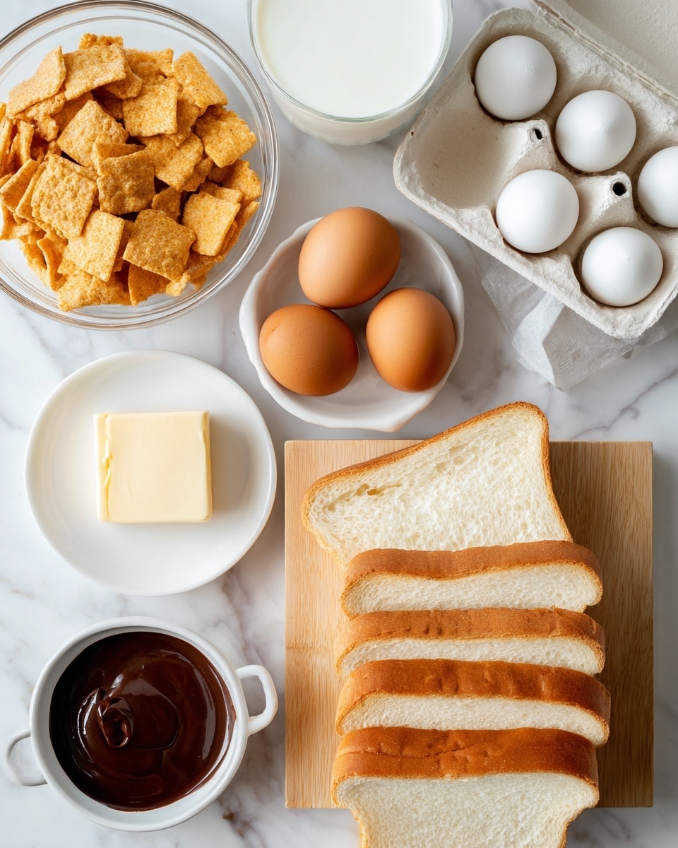 The image shows cooking ingredients arranged on a white marbled surface, including a clear bowl full of broken golden brown cereal or toast pieces on the top left, two brown eggs and two white eggs in a white carton to the right, and a glass of white milk at the top center. Below the bowl, there is a small white dish with a square piece of butter and a small white bowl filled with dark brown chocolate sauce. At the bottom right, there is a wooden board holding six slices of white bread stacked side by side in two layers. Photo taken with an iphone --ar 4:5 --v 7