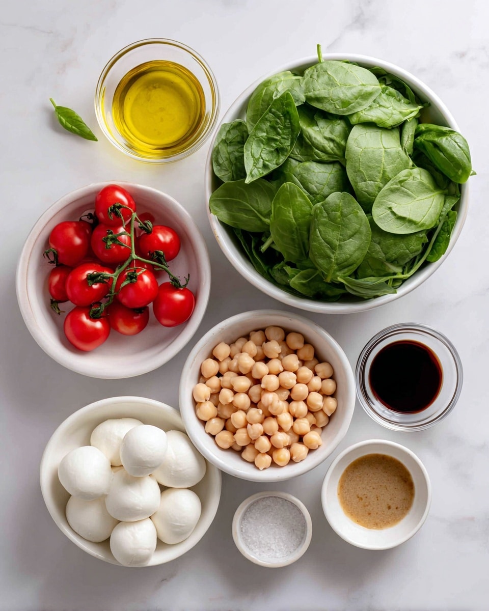 The image shows several white bowls and a small white dish placed on a white marbled surface. The largest white bowl at the top right is full of fresh green spinach leaves. Below it, there is a smaller white bowl filled with pale beige chickpeas. Next to the chickpeas, a small bowl holds white mozzarella balls. Above the chickpeas and mozzarella, there is a small white dish with coarse salt. To the left of the salt, bright red cherry tomatoes on the vine are laid out. There are also a few fresh basil leaves, a small glass container with olive oil, a small bowl with a dark balsamic liquid, and a small container of light brown mustard or similar sauce arranged neatly around the bowls. Photo taken with an iphone --ar 4:5 --v 7