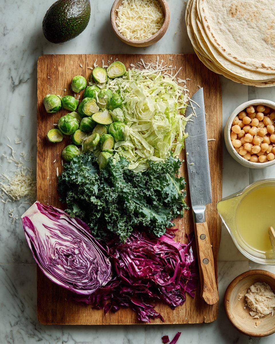 A wooden cutting board sits on a white marbled surface with three layers of chopped vegetables arranged on it: light green thin slices of Brussels sprouts at the top, dark green kale leaves in the middle, and a radicchio quarter showing its deep red and white veins on the bottom left. To the right on the board is a large knife with a wooden handle. Surrounding the board, from top right corner clockwise, are a stack of white tortillas, a small wooden bowl filled with grated cheese, a white bowl with beige chickpeas, a whole dark green avocado, and a glass measuring cup with light yellow dressing and a spoon inside. photo taken with an iphone --ar 4:5 --v 7
