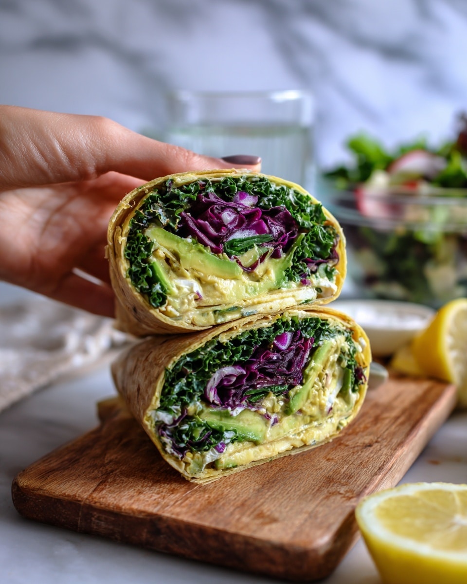 A close-up of a sandwich wrap cut in half with two layers visible: the bottom layer shows a light yellow creamy filling, the middle layer is a mix of green leafy vegetables and slices of avocado, and the top layer includes dark green kale and vibrant purple lettuce. One half is held by a woman's hand, hovering above a wooden cutting board where the other half sits. The background shows a white marbled surface with a lemon wedge, a glass bowl filled with salad, and a glass of water, all softly blurred. photo taken with an iphone --ar 4:5 --v 7