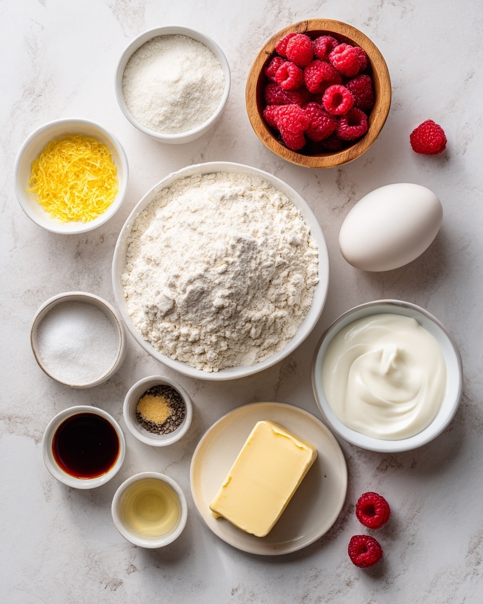 A flat lay of baking ingredients arranged on a white marbled surface, featuring a large white bowl filled with flour at the center, a small white bowl with yellow lemon zest above it, a small white bowl with white granulated sugar to the right of the lemon zest, and a white bowl containing smooth white yogurt at the bottom right. To the right of the flour bowl, there is a whole white egg and a stick of unsalted butter. Above these is a wooden cup filled with red raspberries, with a few raspberries scattered beside it. Below the flour bowl are three small containers holding salt, vanilla extract in a dark liquid, and baking powder. Photo taken with an iphone --ar 4:5 --v 7