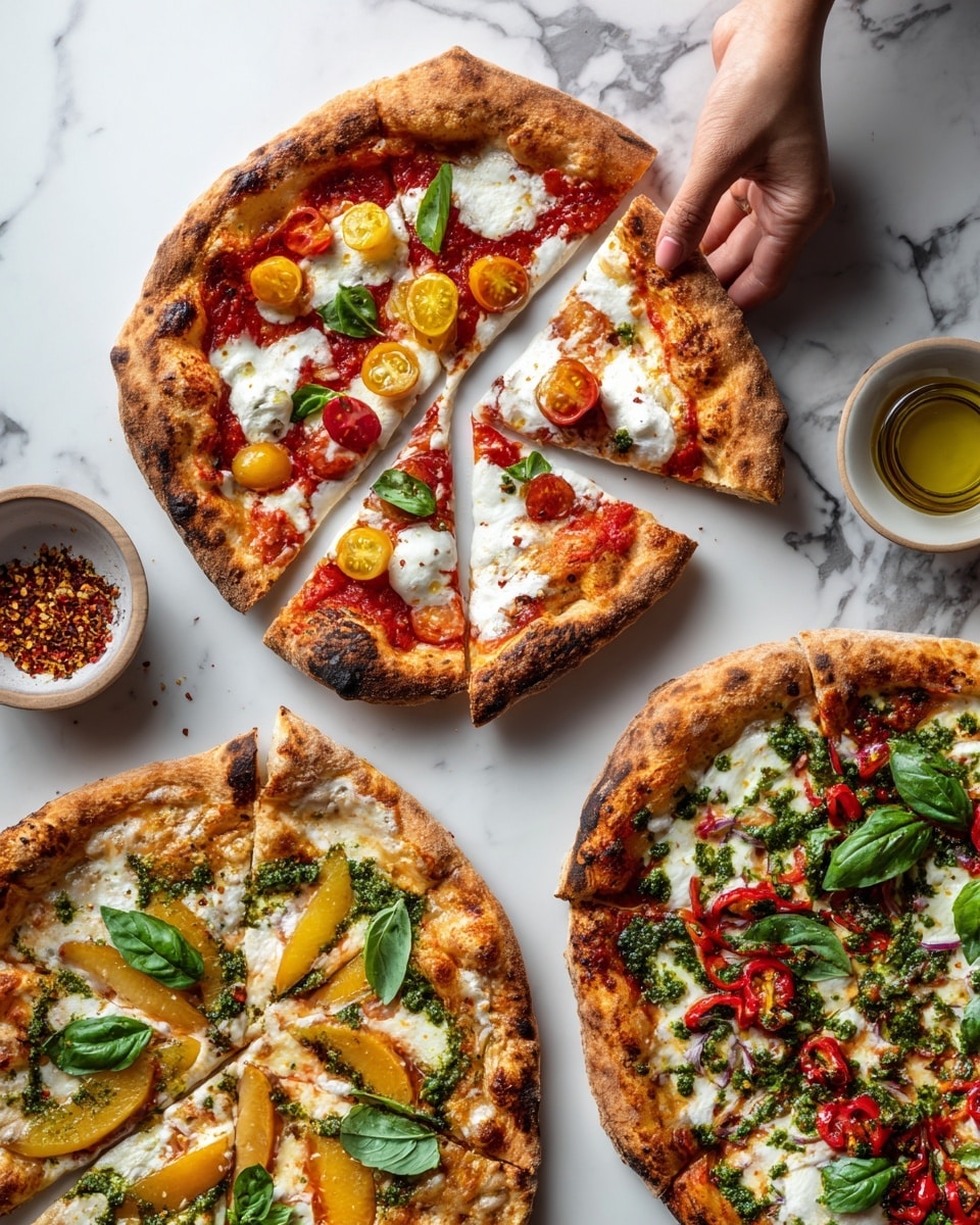The image shows three pizzas on a white marbled surface. The top pizza has a golden brown crust with a layer of red tomato sauce, topped with white mozzarella slices, red and yellow cherry tomato halves, and green basil leaves scattered on it. A woman's hand holds one slice of this pizza, lifting it slightly. The bottom left pizza has a golden crust with melted white cheese, peach slices, green pesto dollops, and green basil leaves on top. The pizza on the right has a golden brown crust with white melted cheese, scattered dollops of bright green pesto, red bell pepper slices, and fresh green mint leaves. Small bowls with chili flakes and olive oil appear near the pizzas. photo taken with an iphone --ar 4:5 --v 7