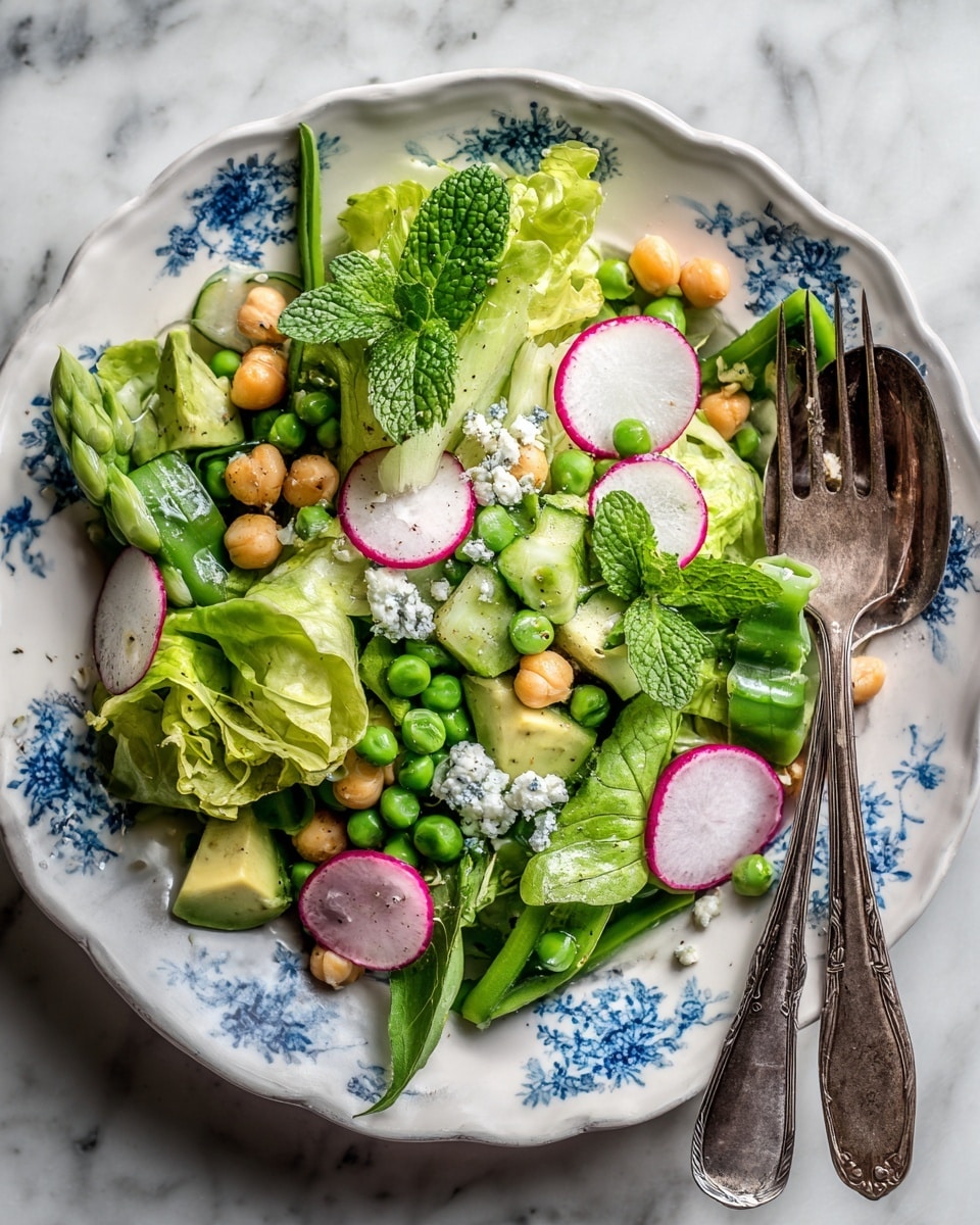 A close-up view of a colorful salad in a white dish with small blue flower prints. The salad has many layers: bright green leafy lettuce and mint leaves form the base, scattered with light green avocado chunks, thin round slices of pink and white radish, and small fresh green peas. There are also golden chickpeas, short green asparagus pieces, and small white crumbles of cheese scattered on top. A vintage silver spoon and fork rest on the right side of the dish. The whole setting is on a white marbled surface. photo taken with an iphone --ar 4:5 --v 7