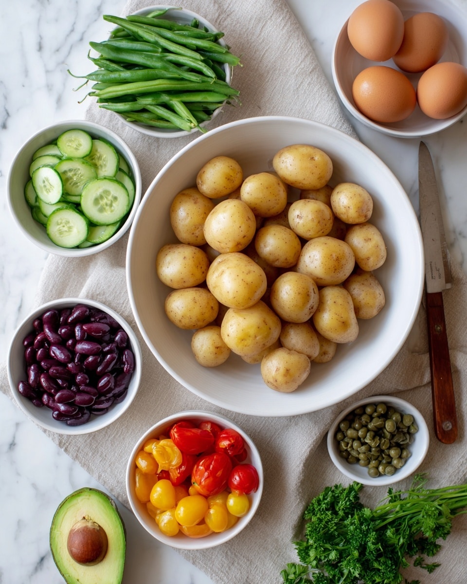 The image shows a white bowl full of light brown small potatoes on a beige cloth on a white marbled surface. Around the bowl, there are six small white bowls with different colorful ingredients: green beans in the top left, light green sliced cucumbers below the green beans, dark purple beans to the right of cucumbers, yellow, red, and orange cherry tomatoes above the purple beans, small capers below the purple beans, and bright green parsley on the bottom right corner. On the left bottom corner, a halved avocado with a smooth green inside and a knife with a wooden handle rest on the white marbled surface, with a white bowl holding brown eggs in the top left part of the image. Photo taken with an iphone --ar 4:5 --v 7