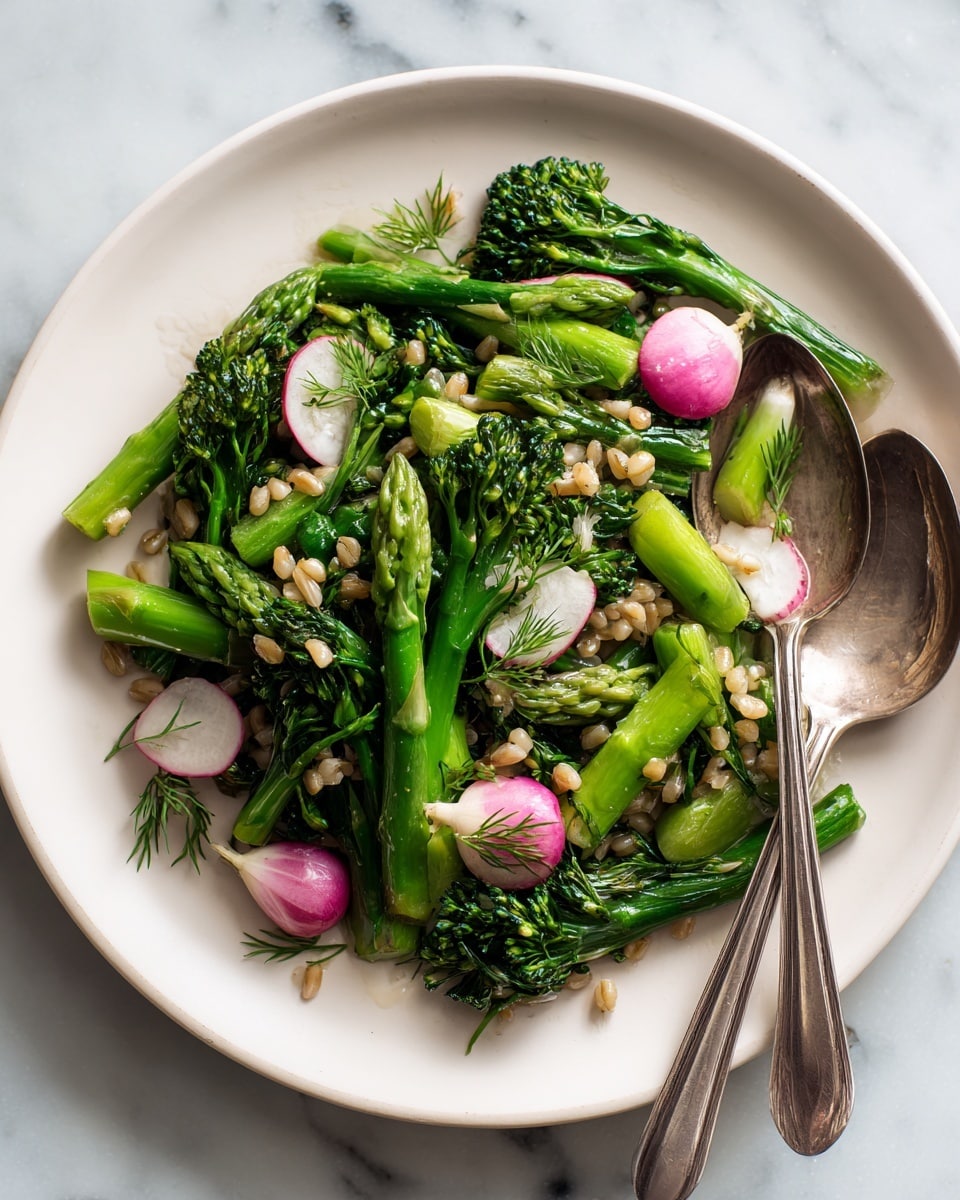 A white plate holds a fresh green salad made of thick, bright green asparagus pieces and darker green broccolini with small florets, scattered evenly across the dish. Mixed in are small, round pink and white radishes, some sliced to show their pale insides. Light brown grains, likely farro or barley, are spread throughout the salad, adding texture. Small green herbs, possibly dill, are sprinkled on top, giving a fresh look. A shiny fork and spoon rest together on the right side of the plate. The plate sits on a white marbled surface. Photo taken with an iphone --ar 4:5 --v 7