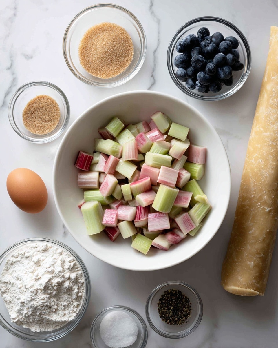 A white bowl filled with chopped rhubarb pieces showing pink and pale green colors sits centered on a white marbled surface. Around it are six small clear glass bowls containing different ingredients: a bowl with light brown sugar granules at top left, a bowl filled with dark blue blueberries at bottom left, a bowl of white granulated sugar at the right, a bowl with white flour and a small scoop on top near bottom right, and a bowl holding a mix of black pepper and salt near the bottom. An unbroken brown egg sits between the blueberries and sugar bowls. On the far right lies an uncooked, light beige rolled dough log. The image is well lit and clean. photo taken with an iphone --ar 4:5 --v 7