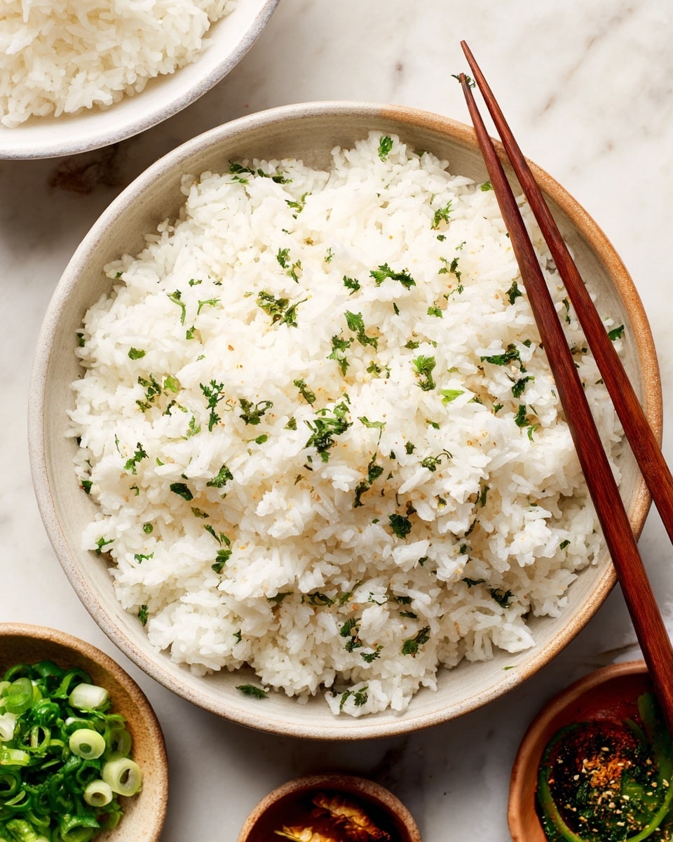 A close-up view of a round white bowl filled with fluffy white rice sprinkled with tiny bits of green herbs, with two brown wooden chopsticks resting diagonally across the rice inside the bowl. Part of another white bowl with more white rice is visible in the upper left corner, and small dishes with chopped green onions and herbs are around the main bowl. The surface underneath is a white marbled texture. photo taken with an iphone --ar 4:5 --v 7