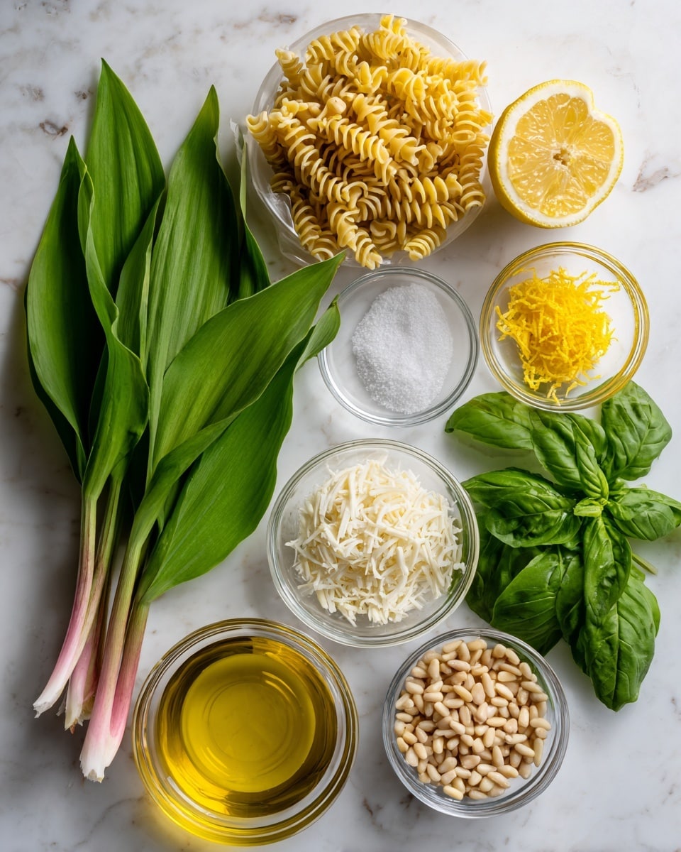 The image shows ingredients arranged on a white marbled surface. There is a white bag of Rao’s Homemade Fusilli pasta at the top left. To the right of the bag, there is a halved lemon with bright yellow inside, a small clear bowl of yellow lemon zest, and another small clear bowl with coarse salt. Below the lemon, there are large green wild garlic leaves with pinkish-white stems. On the left center, there is a bunch of fresh green basil leaves. Below that, a small clear bowl filled with white shredded cheese is placed next to a larger clear bowl containing golden olive oil. At the bottom left, another small clear bowl holds beige pine nuts. The colors are vibrant with the greens, yellows, and pale browns all contrasted against the white marbled surface. photo taken with an iphone --ar 4:5 --v 7
