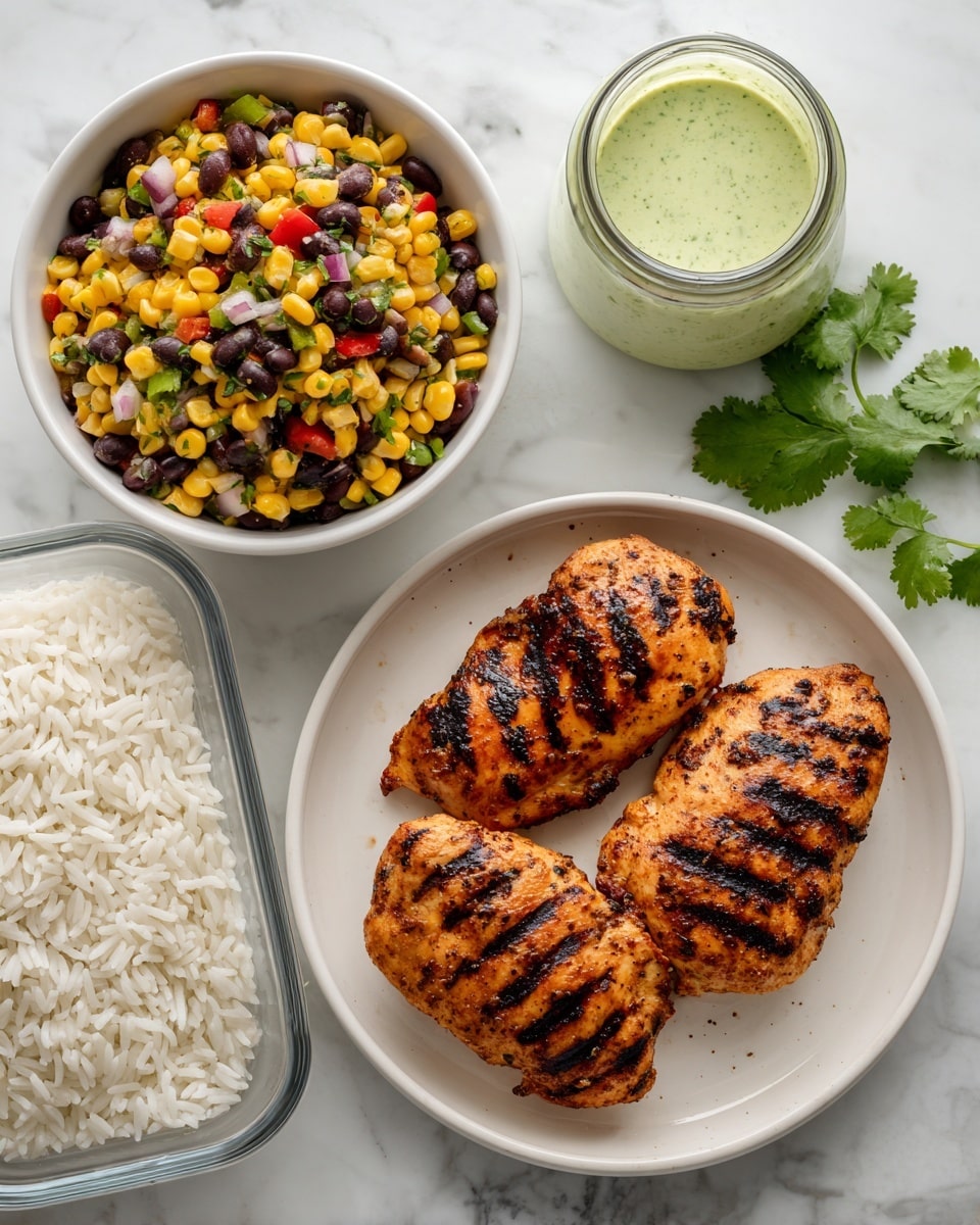 The image shows a white round plate with three grilled chicken pieces that are golden brown with grill marks, placed on a white marbled surface. Above the plate, there is a white bowl filled with a colorful corn salad, showing yellow corn, black beans, and bits of red and green vegetables. To the right of the bowl, a container of light green sauce with a lid and some fresh green cilantro leaves are visible. Below the plate, a clear rectangular glass dish is filled with plain white rice. The composition is bright and clean, with the food items neatly arranged. Photo taken with an iphone --ar 4:5 --v 7