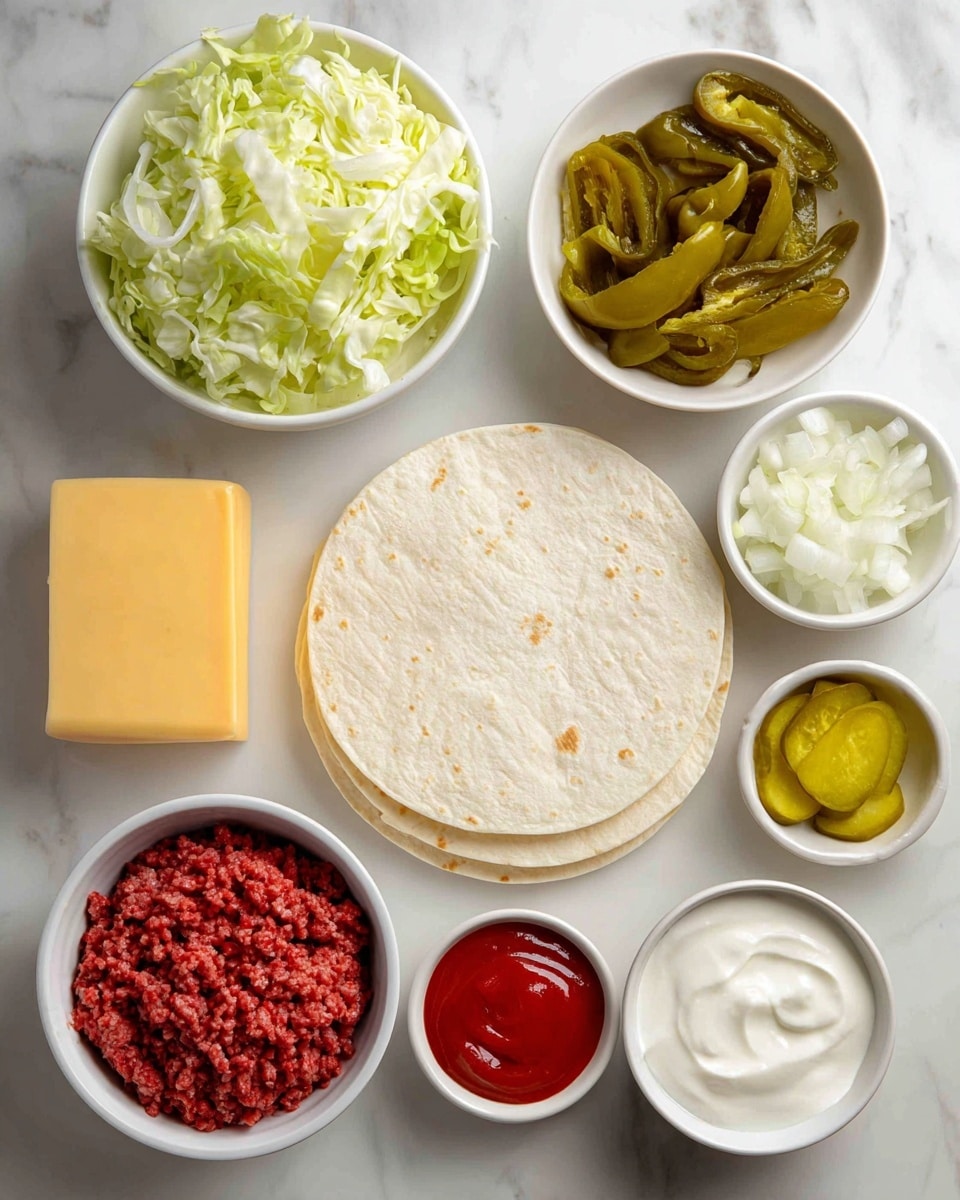 The image shows ingredients for making a taco layered on a white marbled surface. There is a stack of two round tortillas placed near the center. Above the tortillas, there is a block of yellow cheese with a smooth texture. To the left, a white bowl filled with shredded green and white lettuce is visible. To the right, a white bowl contains cooked green chilies or peppers. Nearby, another white bowl holds chopped white onions, and a small white bowl has sliced yellow pickles. Below the tortillas, there is a bowl with raw ground meat of a red color, and beside it, a small white bowl filled with a bright red sauce, likely tomato sauce. Another bowl contains white sour cream or yogurt. The items are neatly arranged, showing fresh and raw ingredients for assembling tacos. Photo taken with an iphone --ar 4:5 --v 7
