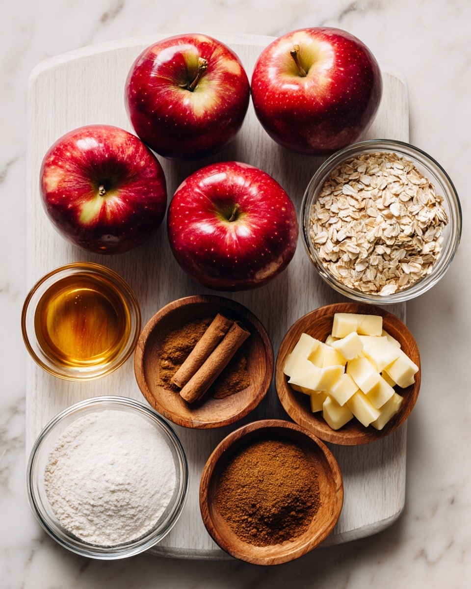 The image shows five red apples with hints of green, placed in the center of a white wooden board. Around the apples, there are several small glass and wooden bowls filled with different ingredients: light brown oats, darker brown brown sugar, white flour, a small amount of honey in a clear glass bowl, a brown mixture of cinnamon and other spices, and light golden butter cut into small cubes. The bowls are arranged in a neat circular pattern around the apples. The surface beneath everything is a white marbled texture. photo taken with an iphone --ar 4:5 --v 7