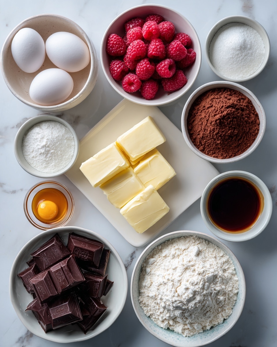 The image shows an overhead view of small white bowls and plates arranged neatly on a white marbled surface, each containing different baking ingredients. There are white eggs in one bowl, rich red raspberries in another, and cocoa powder in a small bowl. Blocks of pale yellow butter are lined up on a white rectangular dish. Dark chocolate pieces are stacked beside a bowl of white sugar. Other bowls hold flour, salt, brown liquid, vanilla extract, and white powdered sugar. The colors vary from deep red, dark brown, creamy yellow, to bright white, creating a balanced and clean visual. Photo taken with an iphone --ar 4:5 --v 7