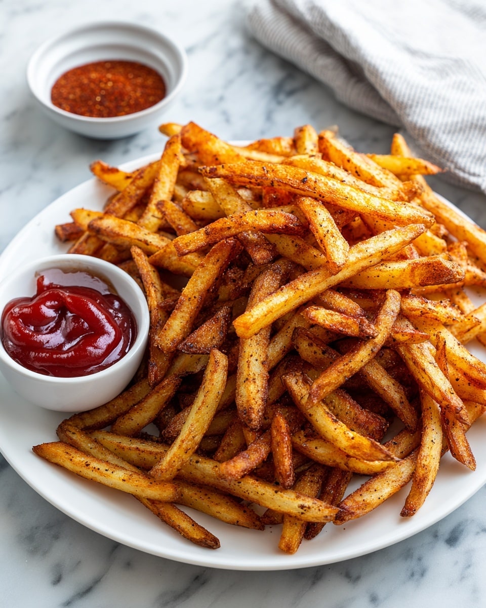 A large white plate filled with a heap of golden brown seasoned fries, each fry showing a slightly crispy and textured surface with visible dark seasoning specks. On the left side of the plate, a small white bowl holds thick red ketchup, smooth and shiny. Behind the plate, a smaller white bowl contains a reddish seasoning powder. The setup rests on a white marbled surface with a soft, light-colored cloth partially visible in the upper right corner. Photo taken with an iphone --ar 4:5 --v 7