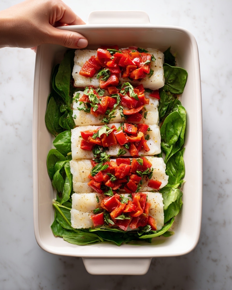 A white rectangular baking dish holds several layers of food arranged neatly. The bottom layer shows fresh green basil leaves laid flat across the dish. On top of this, there are smooth, pale white fish fillets evenly spread out, each topped with bright red roasted bell pepper pieces scattered over them. The layers alternate between basil leaves, fish fillets, and red bell pepper, creating a colorful contrast of green, white, and red from bottom to top. A woman's hand is gently adjusting one of the layers on the left side of the dish. The background is a white marbled texture. photo taken with an iphone --ar 4:5 --v 7