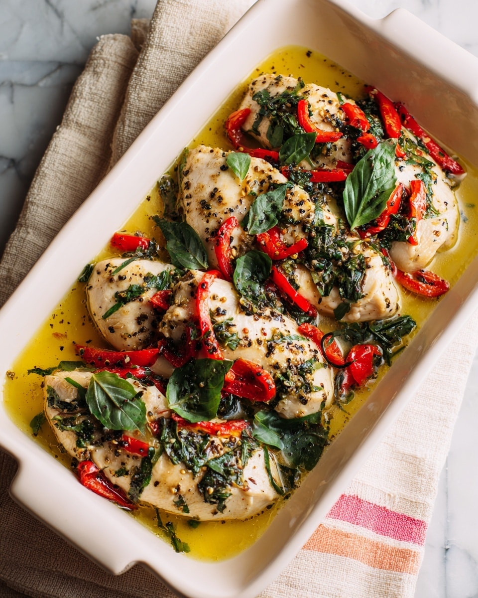 A white rectangular dish filled with several white chicken pieces spread evenly across the surface, each piece topped with large dark green basil leaves and bright red roasted pepper strips. The dish is surrounded by a light yellow broth with some black pepper sprinkled on top. The chicken pieces and toppings appear soft and cooked, sitting in the shallow broth. The dish rests on a white marbled textured surface with a beige and a white cloth featuring pink and green thin stripes partly visible underneath. Photo taken with an iphone --ar 4:5 --v 7