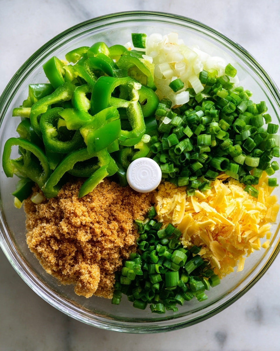 The image shows a clear glass bowl with different ingredients arranged in layers. The bottom layer is brown sugar with a grainy texture, surrounded by bright green sliced bell peppers on the left and fresh chopped green onions on the right. There are bits of finely chopped yellow cheese and pieces of garlic placed near the center and bottom right side. Everything is on a white marbled surface, and the bowl's white central blade holder is visible in the middle. The colors are vibrant and fresh, showing clear separation of each ingredient. photo taken with an iphone --ar 4:5 --v 7