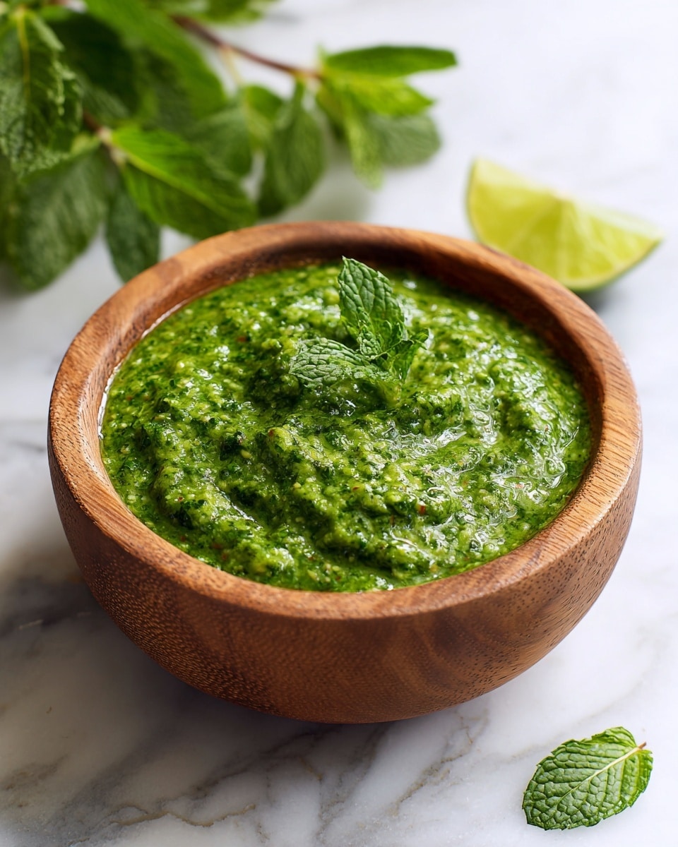 A wooden bowl filled with a thick, bright green sauce with a slightly chunky texture. The sauce fills the bowl fully, with some uneven peaks and valleys on the surface. Around the bowl, there are fresh green leaves and a lime cut in half, placed on a white marbled surface. The image is bright and vibrant, showing the fresh and zesty nature of the sauce. Photo taken with an iphone --ar 4:5 --v 7