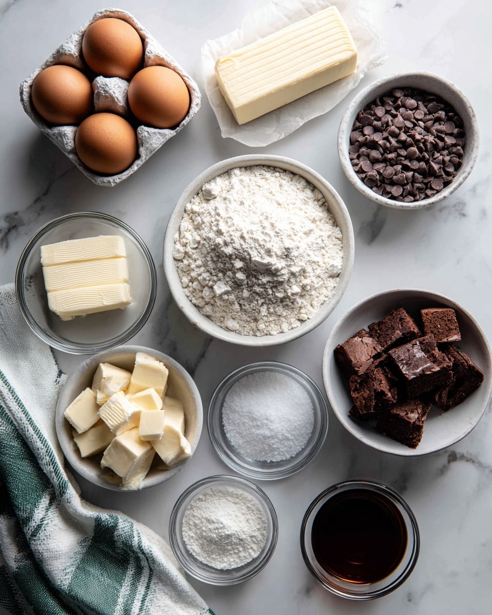 The image shows an arrangement of baking ingredients on a white marbled surface, including two brown eggs in a white carton at the top left, a stick of butter wrapped in paper, a small white bowl filled with chocolate chips, a larger clear bowl with flour, a smaller clear bowl with brown sugar, and a white bowl with chunks of chocolate. There are three small clear bowls with white powdery ingredients likely salt, baking soda, and another baking ingredient, a white bowl with dark brown liquid, a small white bowl with a granulated white substance, and a green and white cloth placed at the bottom left corner. photo taken with an iphone --ar 4:5 --v 7