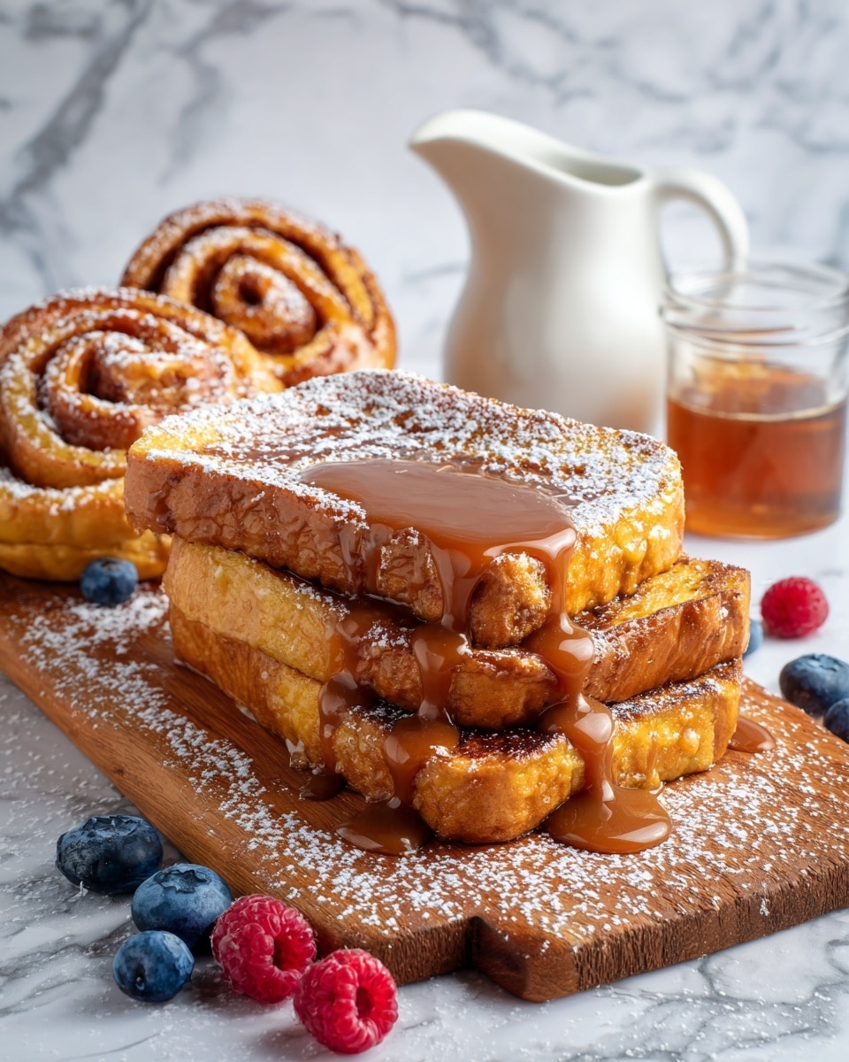 The image shows three thick pieces of golden brown French toast stacked on a white plate. The toast has a slightly crispy outside with soft texture inside. Bright red raspberries and dark blue blueberries are scattered around the toast on the plate. On top, there is a dollop of white whipped cream, with one raspberry and one blueberry resting on it. Some powdered sugar is dusted lightly over the top piece and around the plate. The background is a white marbled surface. photo taken with an iphone --ar 4:5 --v 7