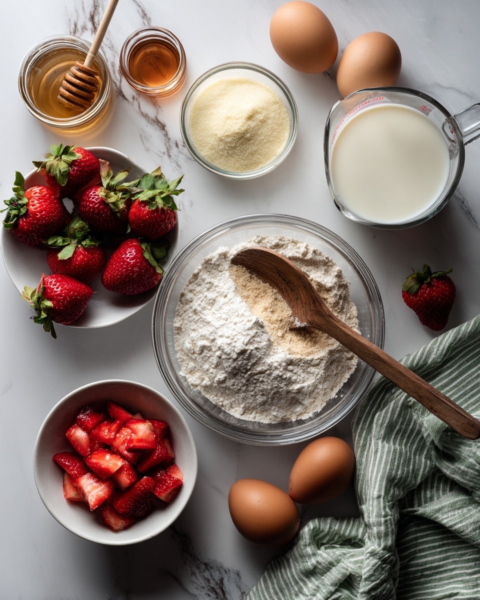 The image shows baking ingredients neatly arranged on a white marbled surface. In the center, there is a clear glass bowl with white flour, a light brown powder, and a wooden spoon resting inside. Above it, a glass measuring cup contains white milk next to a small glass bowl filled with light yellow sugar. To the left, fresh, whole strawberries with green leaves sit beside two brown eggs. A small clear jar with light brown honey or syrup is placed near the top left corner. At the bottom left, a white bowl holds chopped red strawberries, and a green striped cloth is casually spread nearby. Photo taken with an iphone --ar 4:5 --v 7