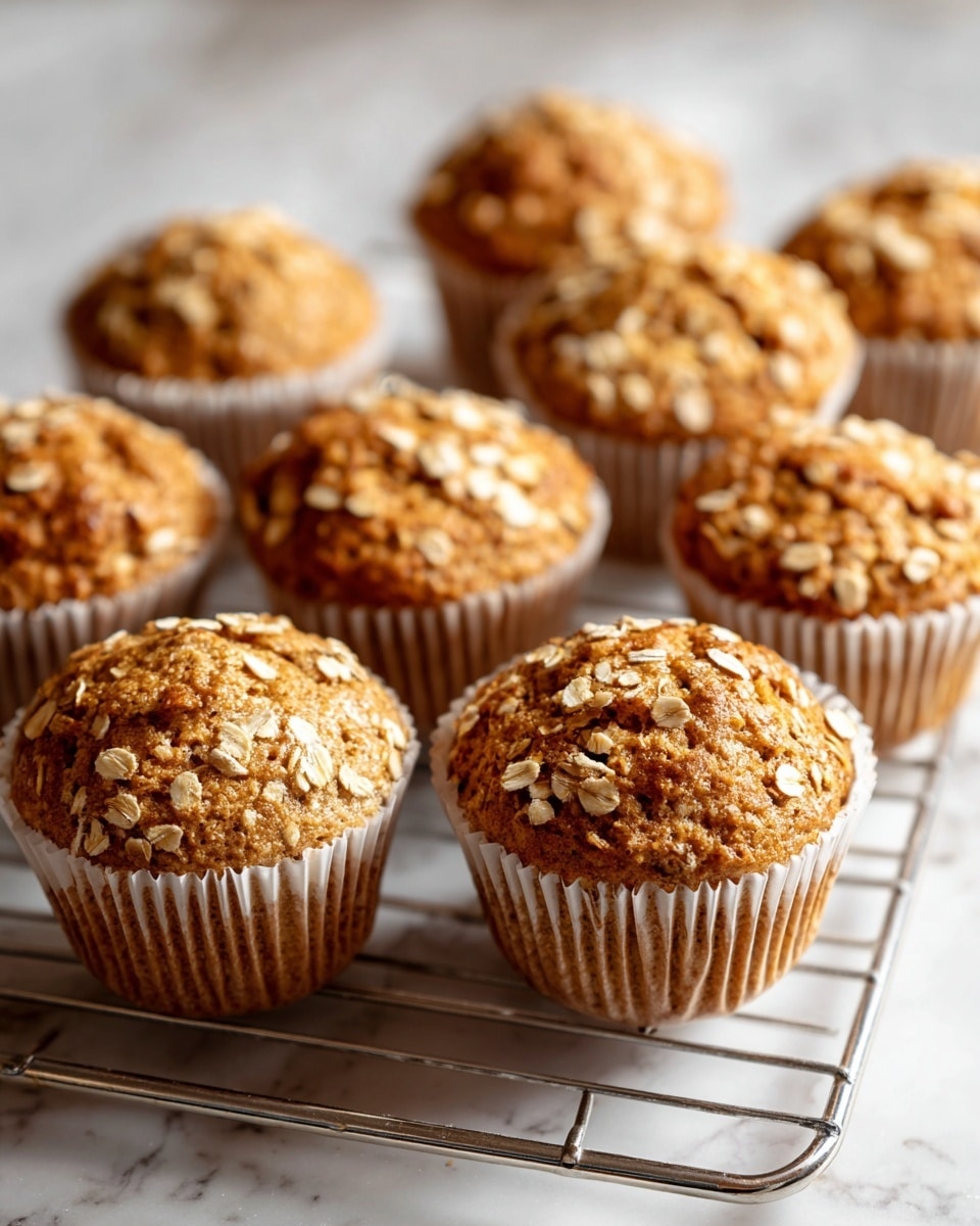 The image shows nine oatmeal muffins resting on a metal cooling rack over a white marbled surface. Each muffin sits in a white paper liner and has a rough, golden-brown top sprinkled with pale beige rolled oats. The muffin tops have a textured, moist crumb look with small cracks and varied oat distribution, giving each a slightly different pattern. The background is softly lit, emphasizing the muffins' warm tones and natural, homemade texture. Photo taken with an iphone --ar 4:5 --v 7