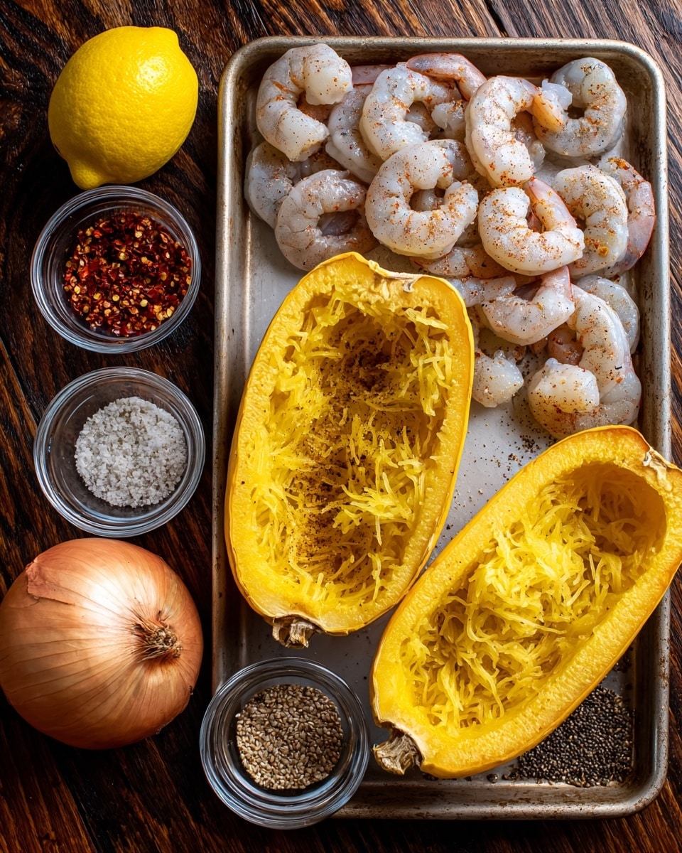 The image shows a cooking setup with two halves of a yellow spaghetti squash filled with shredded squash placed on the left side of an old metal tray. To the right of the squash halves, there is a pile of peeled shrimp sprinkled with black pepper and seasoning, resting on the tray. Surrounding the tray on a dark wooden surface are four small clear glass bowls, each holding different spices or ingredients: red pepper flakes with a spoon, chia seeds with a spoon, garlic powder mixed with black pepper and a spoon, and salt with crushed pepper. There is a whole yellow lemon and a whole brown onion beside the tray. The scene is warm and rustic, photo taken with an iphone --ar 4:5 --v 7