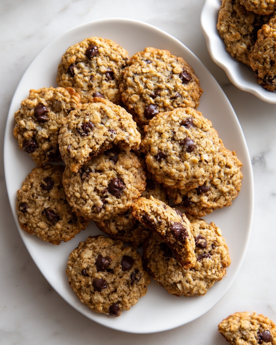 A white plate filled with about a dozen round oatmeal cookies with chocolate chips. The cookies are light brown with visible oat flakes and scattered dark chocolate chips, each cookie showing a rough, textured surface. One cookie is broken in half near the center of the plate, revealing a soft inside with a similar oatmeal and chocolate chip pattern. The plate sits on a white marbled background with a hint of a white dish edge visible in the top right corner. photo taken with an iphone --ar 4:5 --v 7