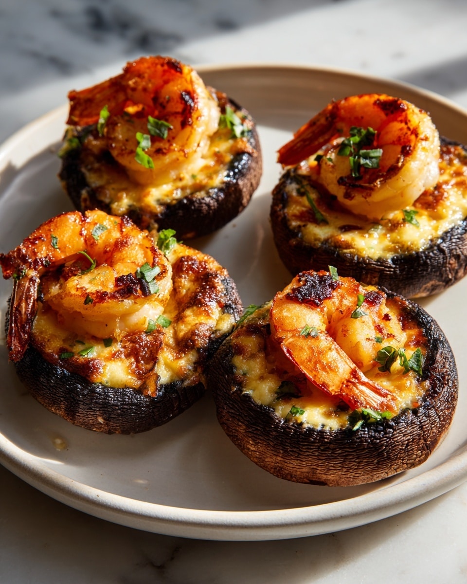 The image shows a tray with several large dark brown mushrooms, each filled with different toppings. In the front, two mushrooms are filled with small, pink shrimp sprinkled with a light red seasoning. Behind them, mushrooms are topped with a mix of small white and green chopped vegetables, and there are mushrooms filled with bright red chopped peppers. Each mushroom has a round, slightly wrinkled dark brown textured cap. The tray sits on a white marbled surface. The photo is taken with an iphone --ar 4:5 --v 7