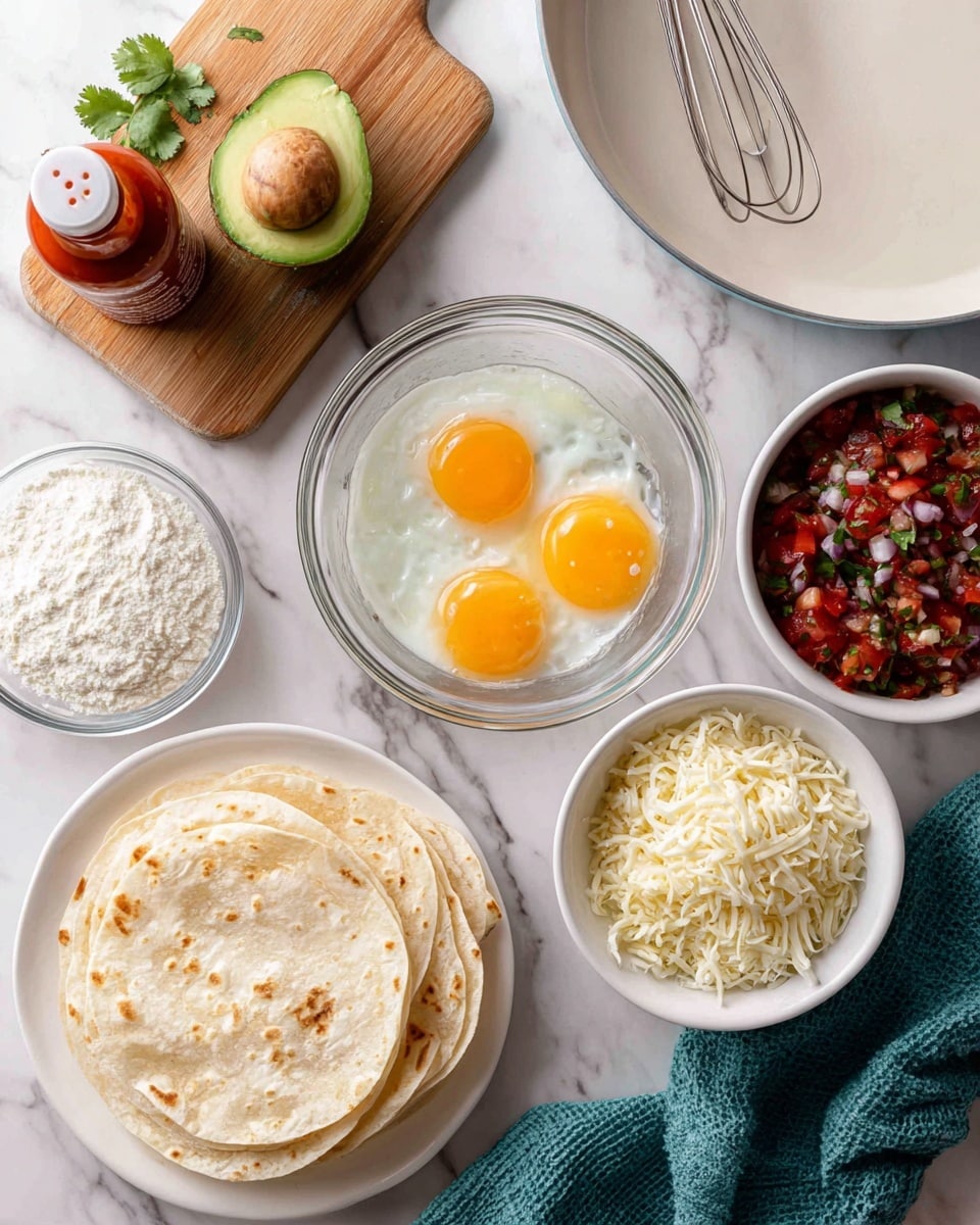 The image shows ingredients for a meal arranged on a white marbled surface. In the middle, there is a clear glass bowl with four raw eggs and a metal whisk inside. To the left of the bowl, there is a stack of round corn tortillas on a white plate. Above the bowl is a wooden cutting board with a halved avocado, one half with the seed and one without. Next to the cutting board is a small bottle of hot sauce with the cap off, and some fresh green cilantro is placed near the top right. A blue pan with a wooden handle is on the right side, and next to it is a black bowl filled with fresh red salsa made of diced tomatoes, onions, and green herbs. Below the egg bowl, there is a teal bowl filled with shredded cheese in light yellow and white colors. photo taken with an iphone --ar 4:5 --v 7