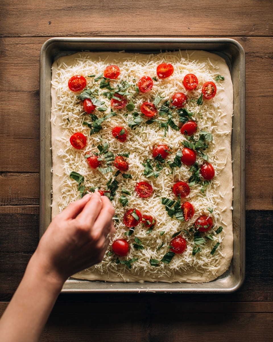 The image shows a rectangular pizza dough on a baking tray with a woman's hand sprinkling shredded cheese over it. The pizza has three layers: the base is a light beige pizza dough spread flat; the middle layer is a thin even layer of shredded white cheese covering the dough; the top layer includes halved red cherry tomatoes and green basil leaves scattered evenly on the dough under and around the cheese. The tray is placed on a wooden surface. Photo taken with an iphone --ar 4:5 --v 7