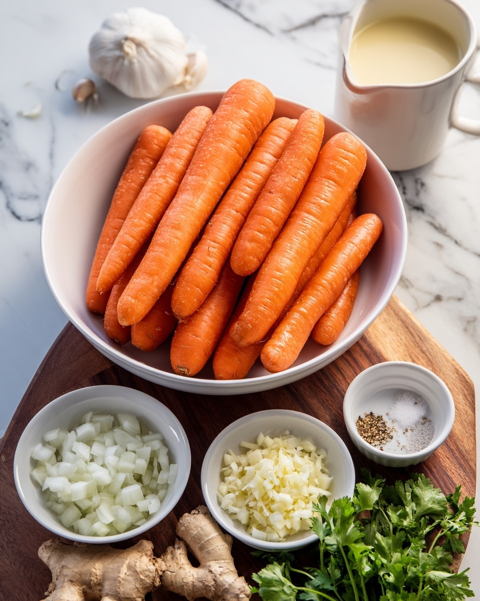 A white bowl overflows with bright orange whole carrots in the center of a wooden table. Around the bowl, there are several small white bowls and dishes filled with finely chopped white onions, minced garlic, coarse salt, pepper, fresh green cilantro leaves, and light yellow ginger. The background surface is a white marbled texture, and a white measuring cup filled with a creamy liquid is placed nearby. The woman's hand is about to grab an ingredient, adding a sense of action to the scene. Photo taken with an iphone --ar 4:5 --v 7