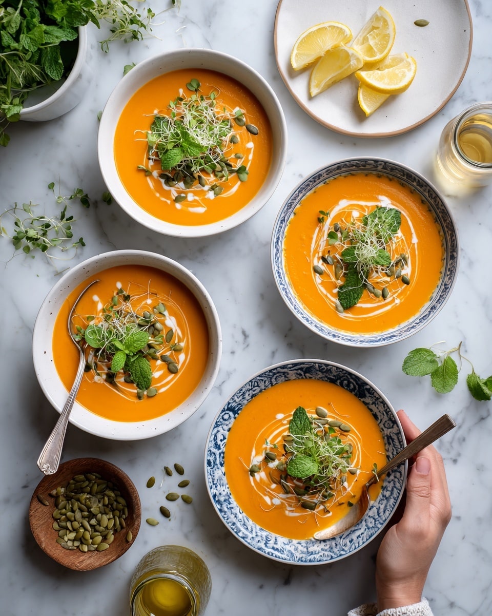 The image shows four bowls of bright orange soup, each topped with green microgreens, pumpkin seeds, fresh mint leaves, and a swirl of white cream. Three bowls are plain white, and one bowl has a blue pattern on the outside. Some spoons are placed in two bowls. Around the bowls, there are fresh lemon wedges on a white plate, a small white plate with green pumpkin seeds, a glass jar with olive oil, a small wooden bowl with microgreens, and some fresh mint leaves. All items rest on a white marbled surface. A woman's hand gently holds a spoon inside one of the bowls. Photo taken with an iphone --ar 4:5 --v 7