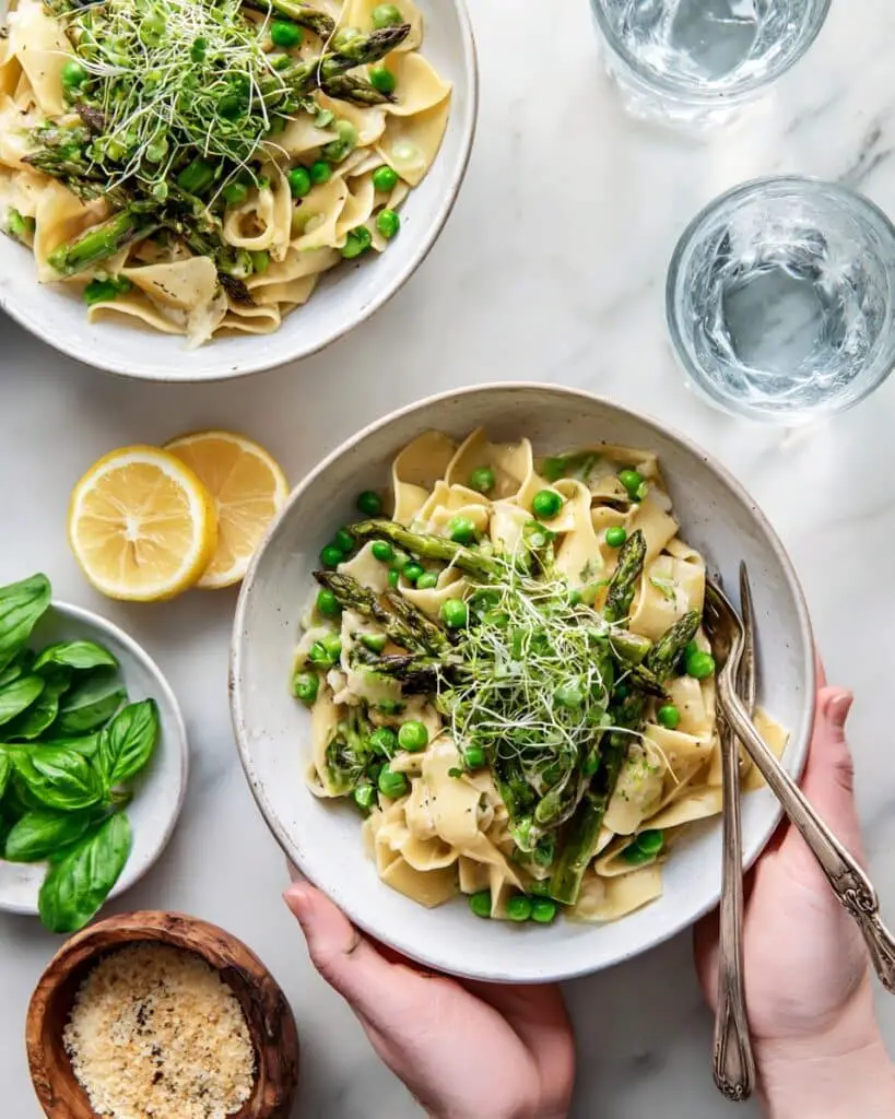 Tagliatelle with Asparagus, Peas, and Fresh Herb Cashew Cream Recipe