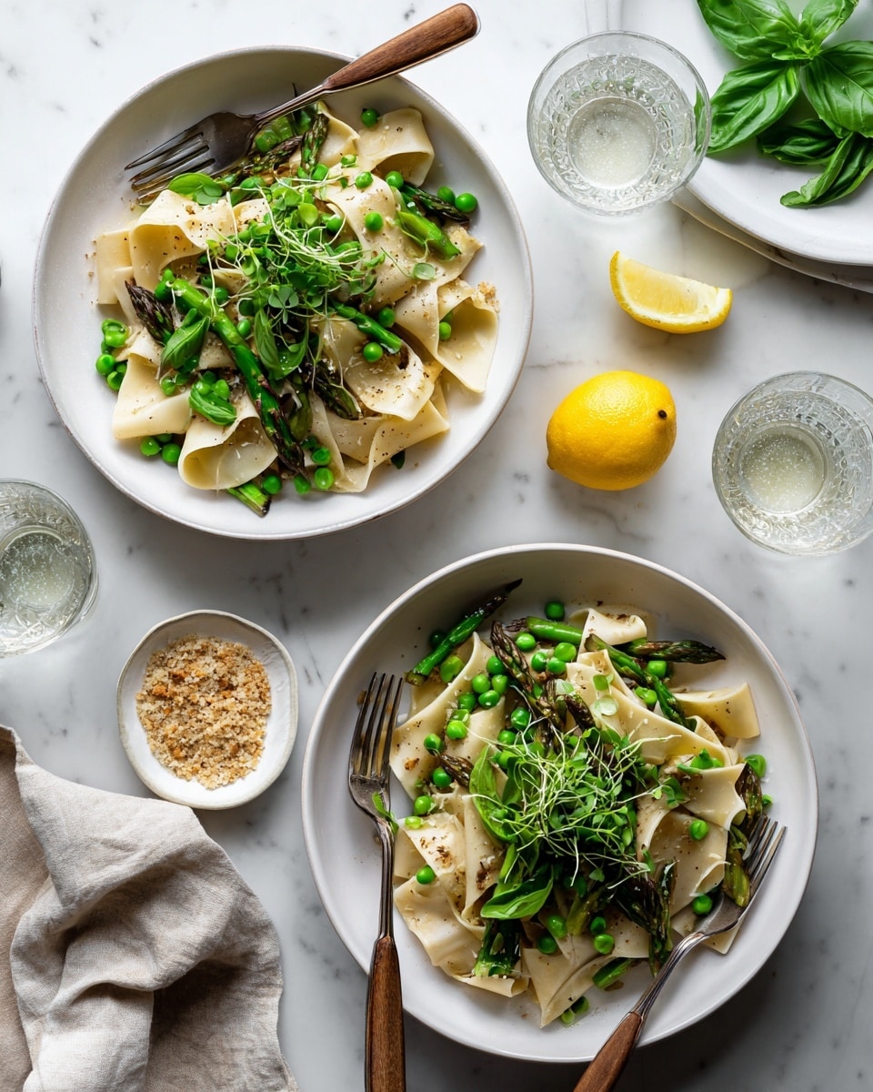 Two white shallow bowls are filled with three layers of food: the first layer is light-colored wide pasta ribbons in loose piles; the second layer includes bright green peas and grilled asparagus spears arranged under and around the pasta; the third layer on top is a mix of microgreens scattered over the pasta. Both bowls have forks placed on the pasta, and the setting is on a white marbled surface with two lemon halves, a small bowl of breadcrumbs with a wooden spoon, a few basil leaves on a white plate, and glasses of water. Photo taken with an iphone --ar 4:5 --v 7