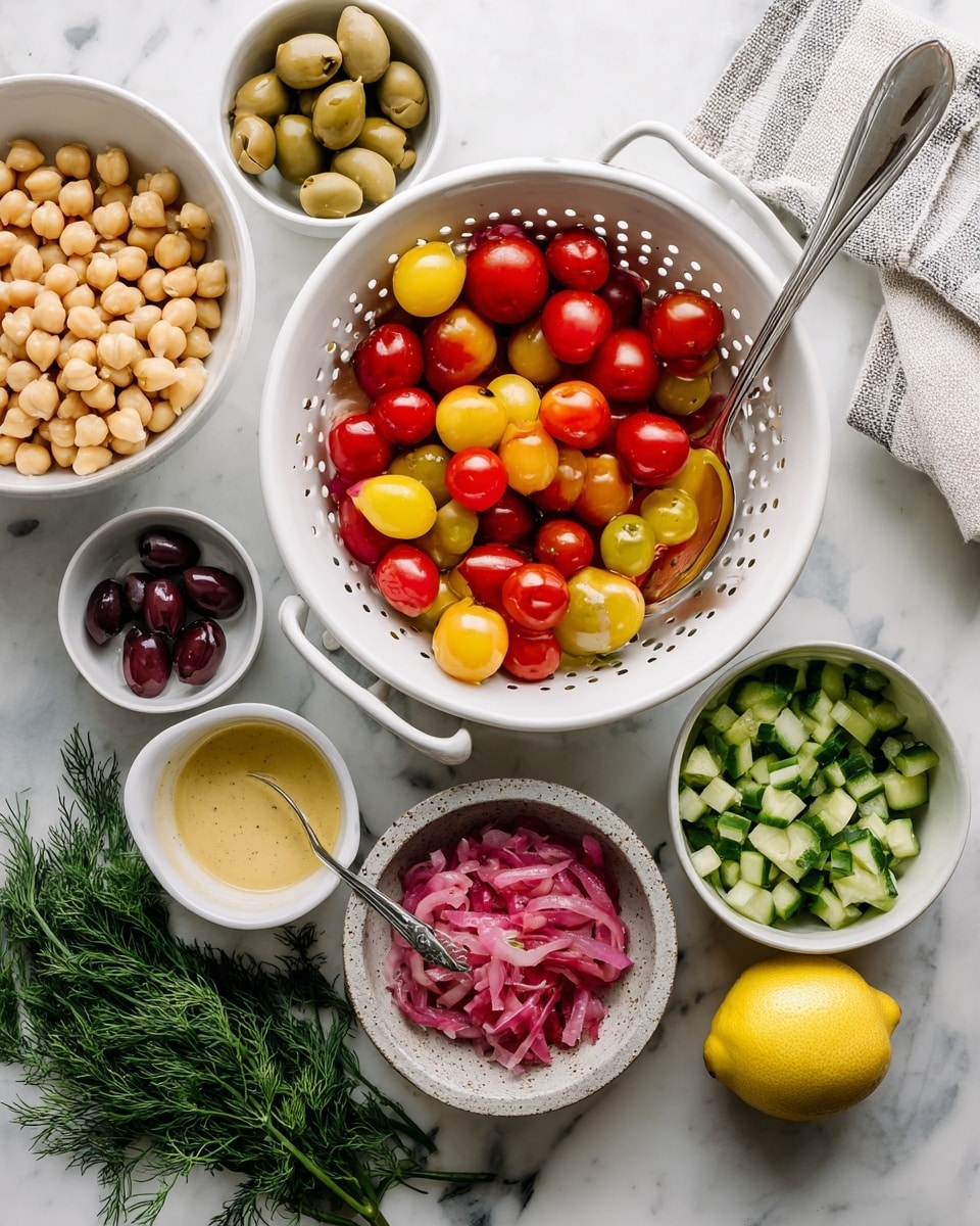 The image shows a white colander filled with red and yellow cherry tomatoes at the top center, placed on a white marbled surface. Below and to the left, a white bowl holds a large amount of light beige chickpeas with a silver spoon in it. To the right, a white bowl contains diced green cucumbers and red cherry tomatoes. Above that is a small white bowl with dark purple sliced olives. In the middle, a small bowl contains a creamy, light yellow mustard-like sauce. Below that, there is a small stone bowl with pink pickled onions and a silver fork laying inside. At the bottom left, fresh green dill herbs are on the surface. To the right of the pickled onions, a bright yellow lemon sits on the marbled surface. A gray and white towel is partly visible at the top right. Photo taken with an iphone --ar 4:5 --v 7