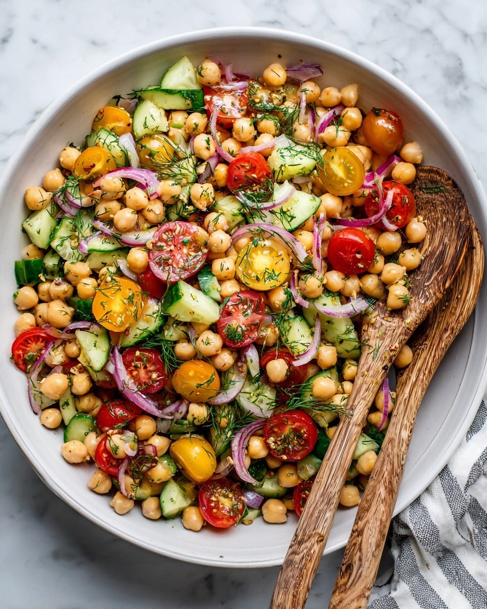 A white bowl filled with a colorful salad showing four main layers: at the bottom, beige chickpeas mixed with diced light green cucumber and halved red and yellow cherry tomatoes; in the middle, thin slices of pink pickled onions and dark purple olives; on top, a dense pile of fresh green herbs including parsley, dill, and mint; a wooden spoon rests inside the bowl, partially covered by the herbs. The bowl is placed on a white marbled surface. photo taken with an iphone --ar 4:5 --v 7