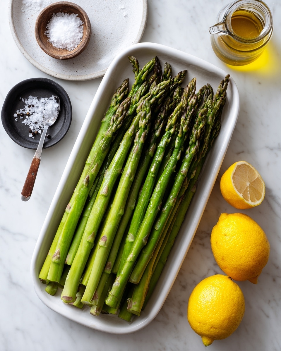 A white rectangular tray filled with two layers of fresh green asparagus spears neatly aligned with tips pointing up and overlapping slightly, placed on a white marbled surface. To the top left of the tray, a round white plate holds a black small dish filled with coarse salt, a pepper grinder, and a glass container with golden olive oil. On the right side close to the top corner, three bright yellow lemons rest directly on the white marbled surface. The overall look is clean and fresh with natural colors and sharp textures, photo taken with an iphone --ar 4:5 --v 7