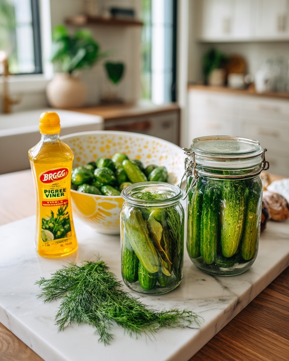 The image shows two glass jars with metal clips on a white marbled surface, one jar filled with small green cucumbers, fresh dill, and bay leaves, while the other jar contains fresh dill and bay leaves with clear liquid. Behind the jars, there is a large white bowl with yellow speckles, filled with water, more green cucumbers, dill, and small ice cubes floating on top. To the left of the bowl is a bottle of Bragg organic apple cider vinegar with a bright yellow and red label. Fresh dill sprigs rest on the surface near the jars, and a woman's hand is partially visible on the right side of the image. The background shows a kitchen with white cabinets and wooden floors. photo taken with an iphone --ar 4:5 --v 7