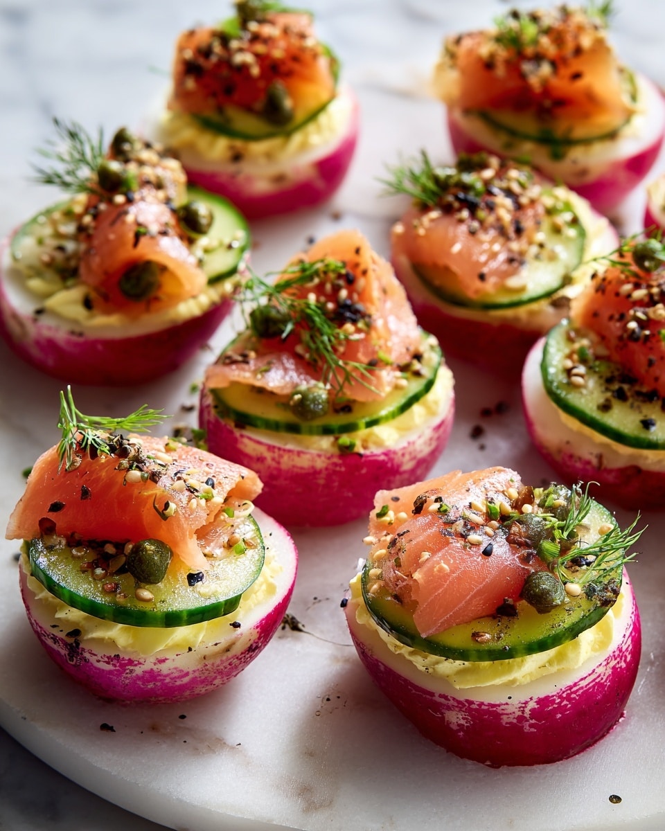 The dish shows several halved radishes with a deep pink and white outer layer forming the base, each filled with a soft, creamy yellow layer of whipped filling. On top of the filling, thin slices of light orange smoked salmon are placed, along with thin green cucumber slices. The pieces are sprinkled with small green capers, chopped chives, black and white sesame seeds, and small sprigs of fresh dill. Each radish half is neatly arranged on a white plate with a white marbled texture beneath. The colors are vibrant and fresh, with a mix of pink, yellow, green, and orange tones that contrast well. photo taken with an iphone --ar 4:5 --v 7