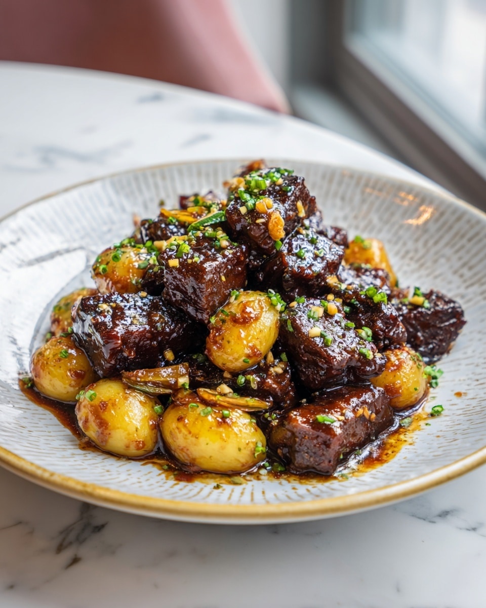 The dish shows a mound of dark brown, glazed beef cubes mixed with small golden baby potatoes, all sprinkled with finely chopped green herbs and bits of garlic. The beef pieces have a shiny, sticky texture, and the potatoes look soft and slightly oily with a matte finish. Everything is served on a white plate with a simple patterned edge, placed on a white marbled table near a window with soft natural light coming in. photo taken with an iphone --ar 4:5 --v 7