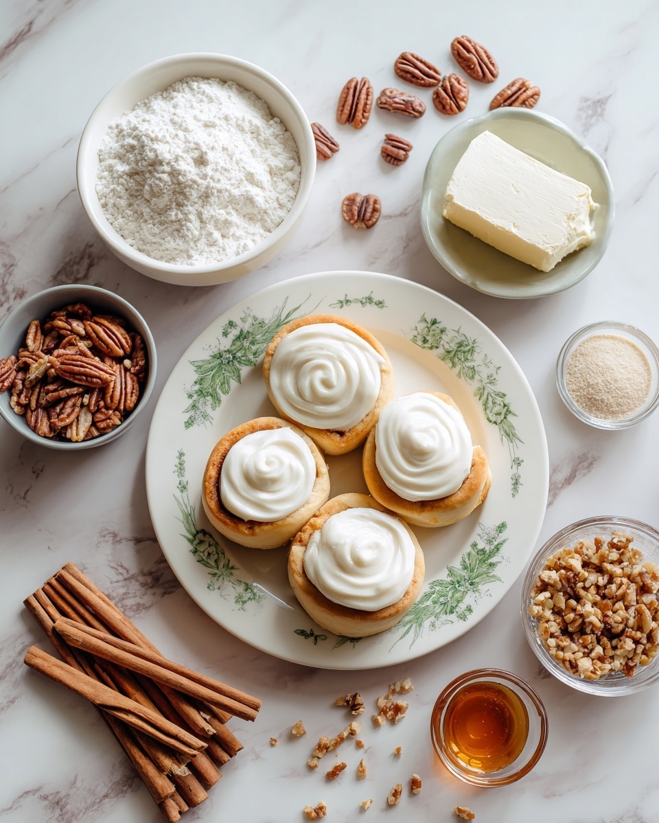 The image shows six cinnamon rolls on a white plate with green floral designs, each roll topped with a smooth white icing swirl. Around the plate, there are several small bowls and dishes arranged on a white marbled surface: a large white bowl filled with flour, a smaller white bowl with chopped walnuts, a gray bowl with whole pecans, a small white bowl with powdered sugar, a small round dish with a light brown powder, a clear bowl holding a large block of cream cheese, another clear dish with a smaller block of cream cheese, and a small round dish with amber syrup. In the center, there are several cinnamon sticks and thin wooden pieces placed together in a pile. Photo taken with an iphone --ar 4:5 --v 7