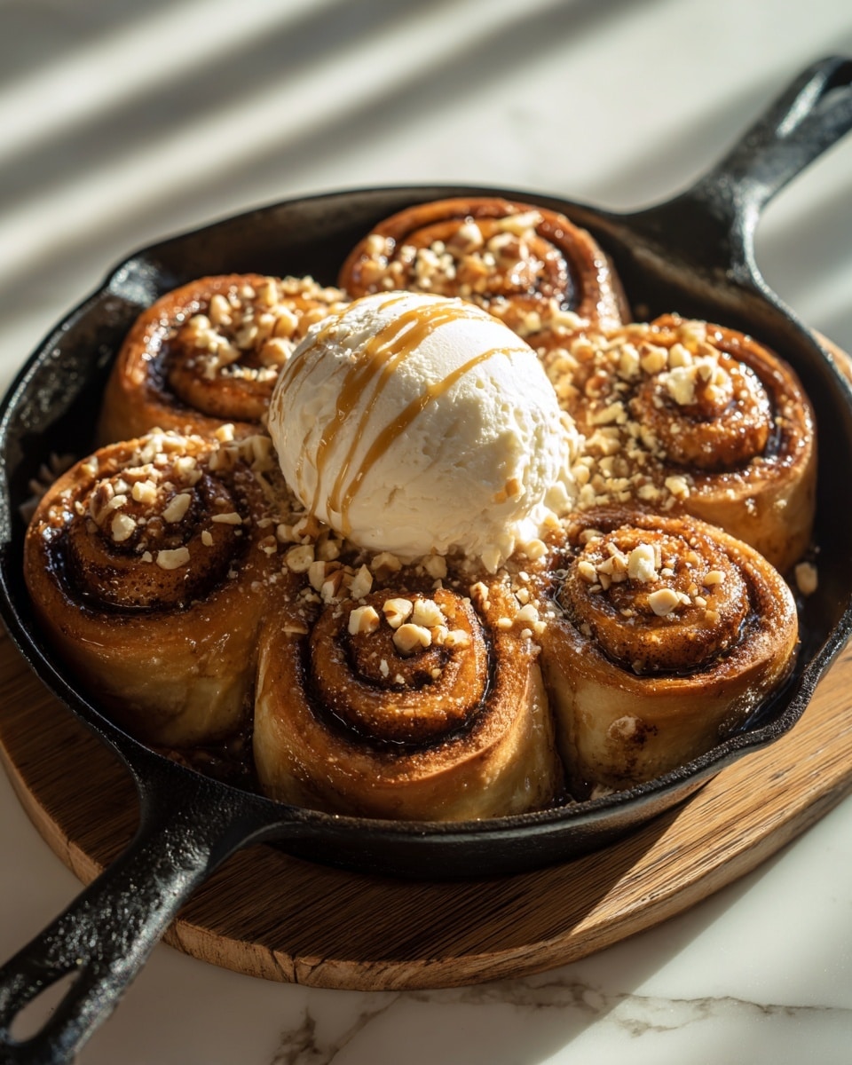 A black cast iron skillet holds eight golden-brown cinnamon rolls arranged in a circle, each roll showing a dark cinnamon spiral pattern and sprinkled with small chopped nuts on top. In the center, there is a large, smooth scoop of white ice cream drizzled with light caramel sauce, adding shine and a creamy texture contrast. The skillet is placed on a wooden board resting on a white marbled surface with sunlight casting soft shadows around the dish, highlighting the shiny glaze and warm tones of the cinnamon rolls. photo taken with an iphone --ar 4:5 --v 7