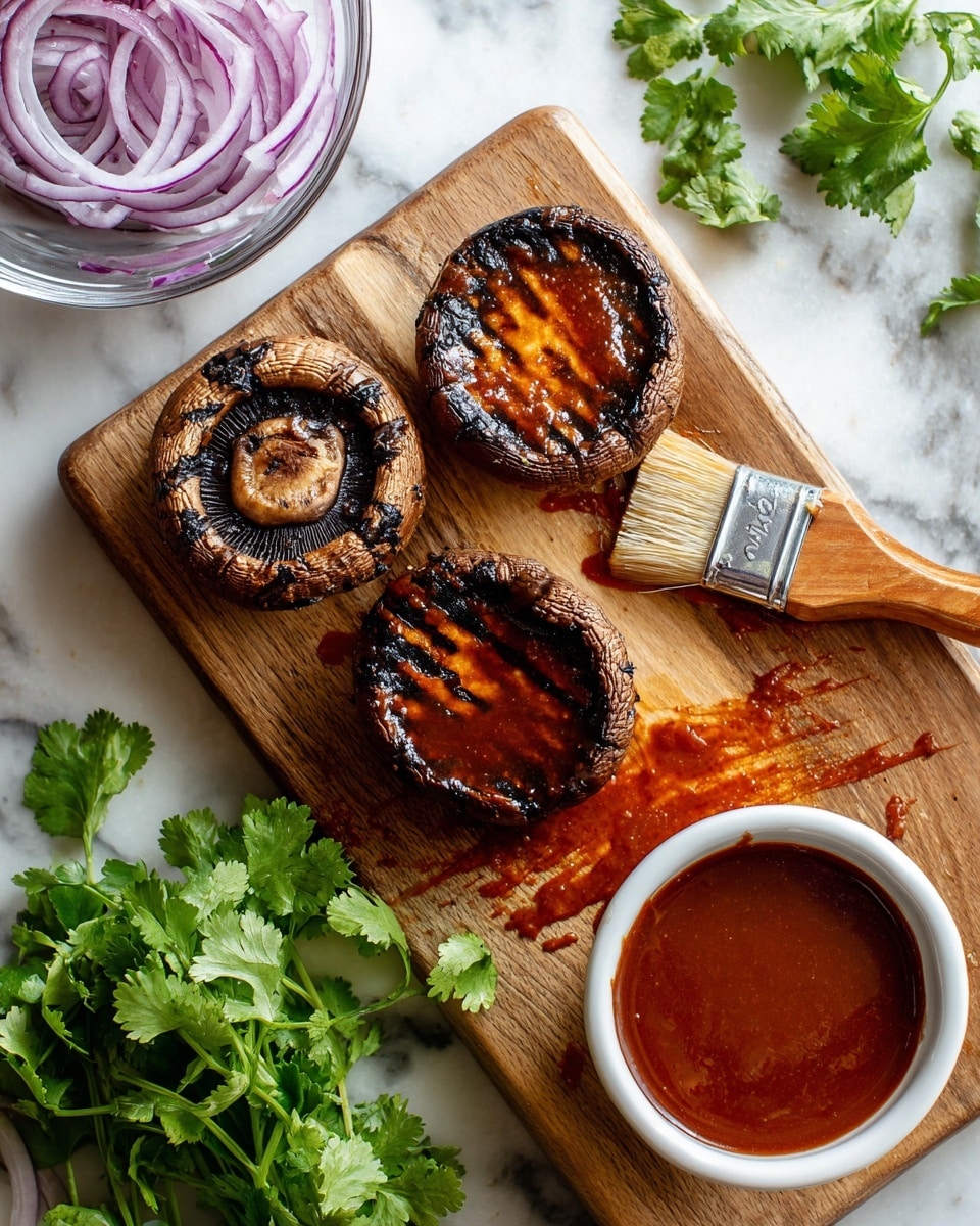 A wooden cutting board holds a large grilled mushroom cap with dark grill marks at the top left. To its right and below are slices of the same mushroom, showing their juicy brown inside with a shiny reddish sauce brushed on top, some sauce smudged on the board. At the top right corner, a white bowl filled with thick reddish sauce has a wooden brush resting on its edge, the brush’s bristles stained with the sauce. Fresh green cilantro lies at the bottom left corner of the board, and below the board, a small glass bowl contains thinly sliced red onions. The scene is set on a white marbled surface. Photo taken with an iphone --ar 4:5 --v 7