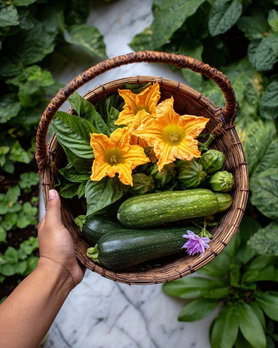 A woman's hand is holding a small round woven basket with a twisted handle, filled with fresh garden greens. Inside the basket, there are bright yellow-orange squash flowers on top, their delicate petals spread out. Below the flowers, dark green basil leaves create a leafy base. At the bottom layer, two bumpy green cucumbers are visible, one with a small purple-blue flower attached at the end. The basket is held over a white marbled ground with green leaves visible around the edges. photo taken with an iphone --ar 4:5 --v 7